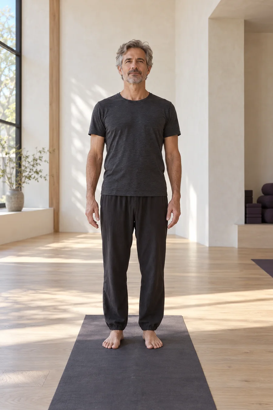 Een man staat met ontspannen schouders in de berghouding op een yogamat