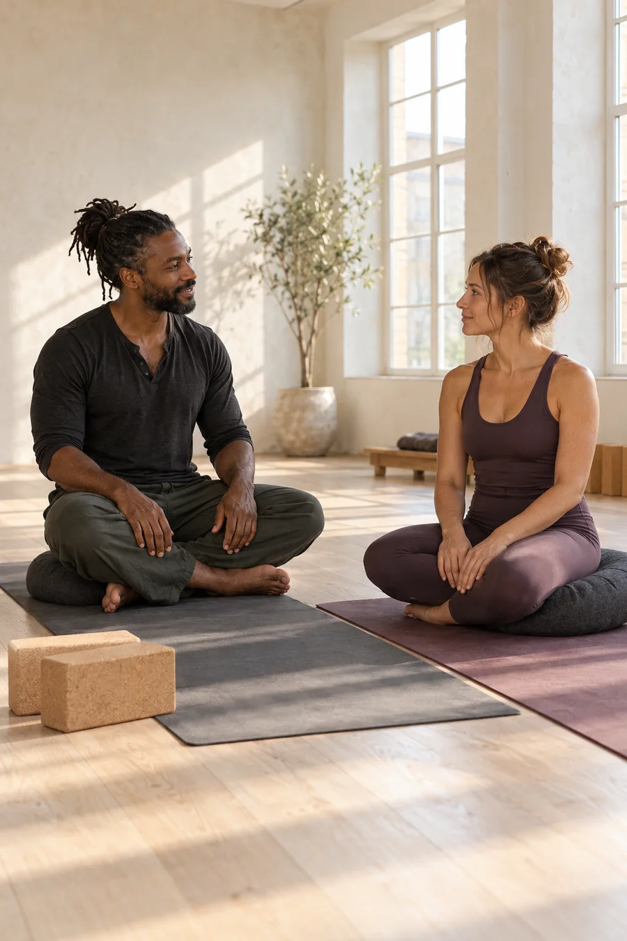 Een yogadocent bespreekt een privéles met een deelnemer op een zitkussen